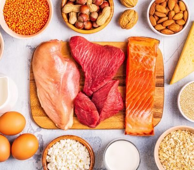 Sources of healthy protein - meat, fish, dairy products, nuts, legumes, and grains.